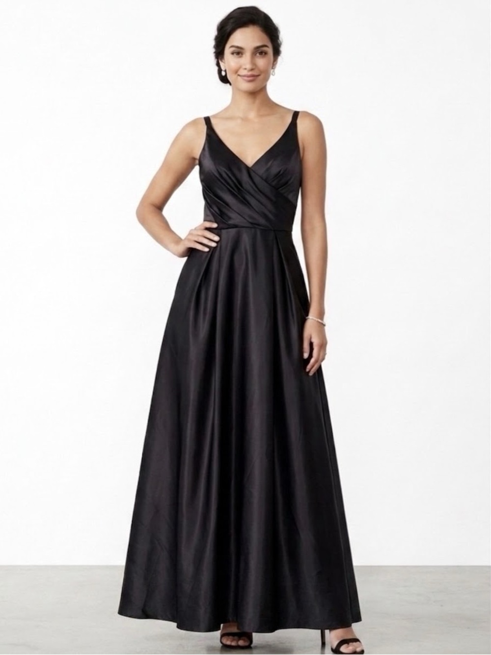 David's Bridal Black Satin V-Neck A-Line Formal Prom Bridesmaid Dress 4